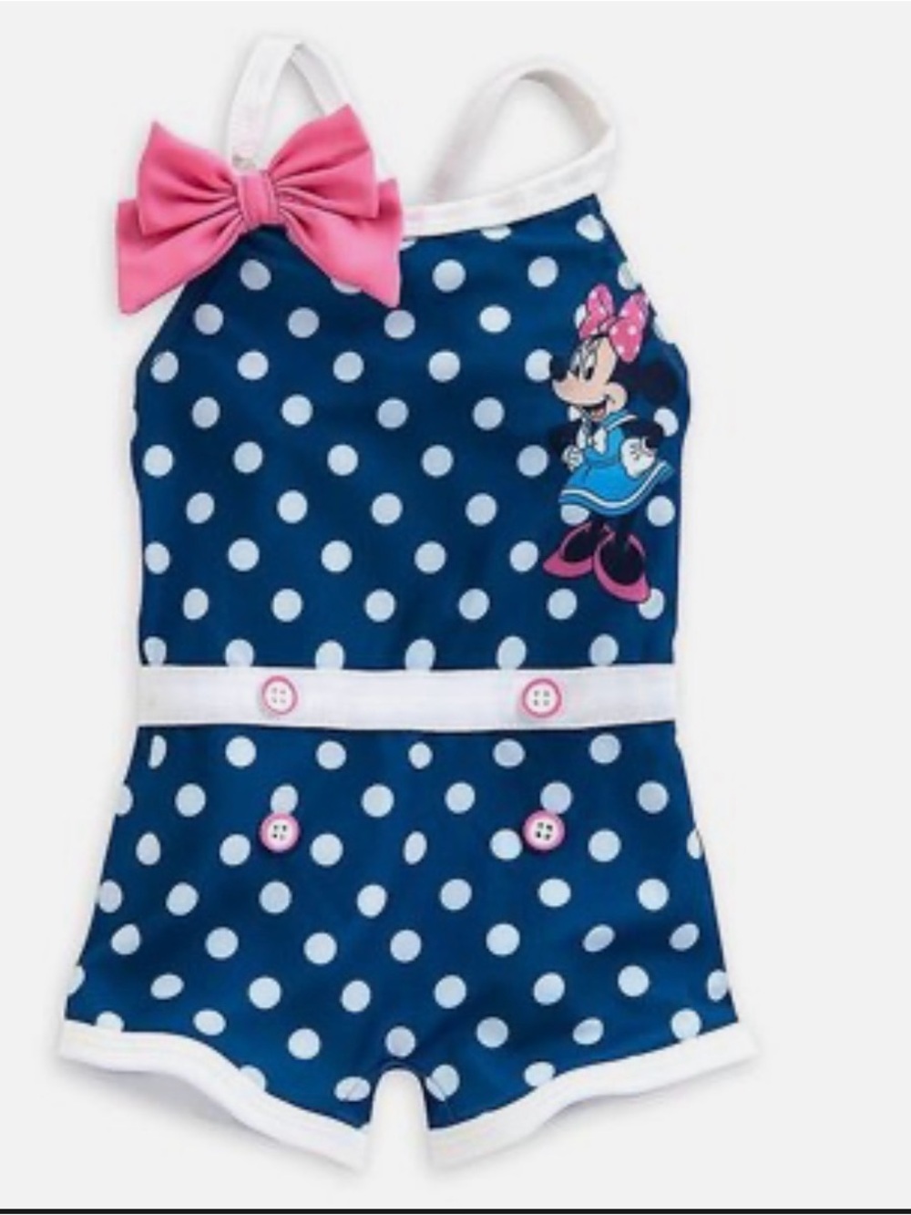 Vintage Disney Navy Polka Dot Minnie One-Piece Swimsuit with Pink Bow